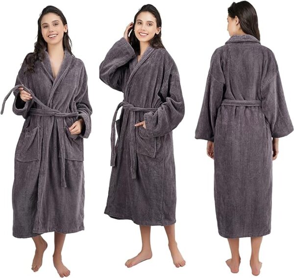 Bathrobe 100% Cotton Terry Towel Dressing Gown for Adult, Charcoal - Image 2