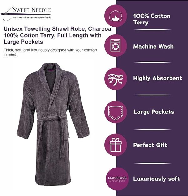 Bathrobe 100% Cotton Terry Towel Dressing Gown for Adult, Charcoal - Image 3