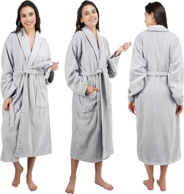 Bathrobe 100% Cotton Terry Towel Dressing Gown for Adult, Light Grey - Image 2