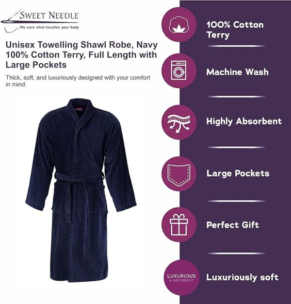 Bathrobe 100% Cotton Terry Towel Dressing Gown for Adult, Navy - Image 4