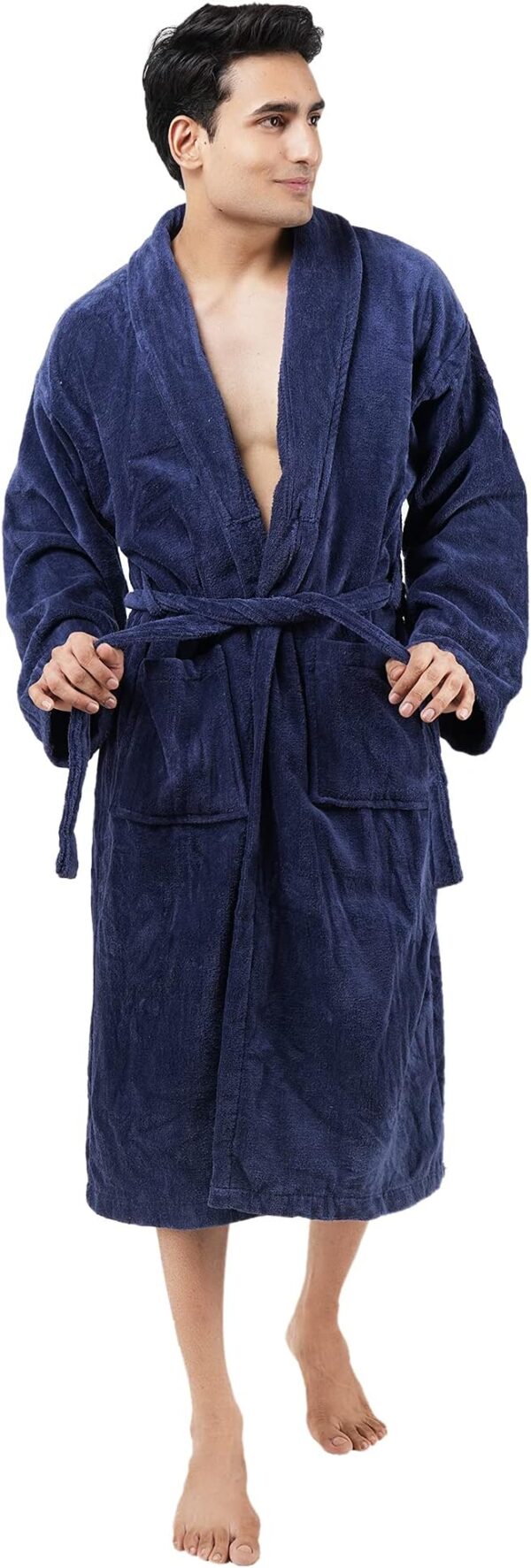 Bathrobe 100% Cotton Terry Towel Dressing Gown for Adult, Navy - Image 2