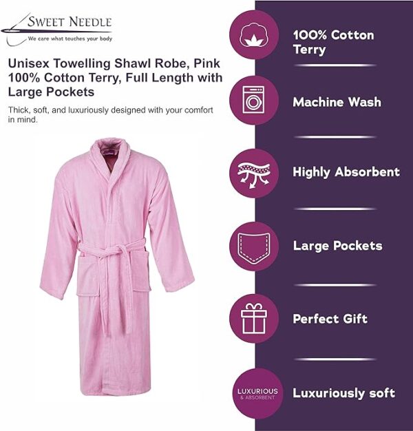 Bathrobe 100% Cotton Terry Towel Dressing Gown for Adult, Pink - Image 2